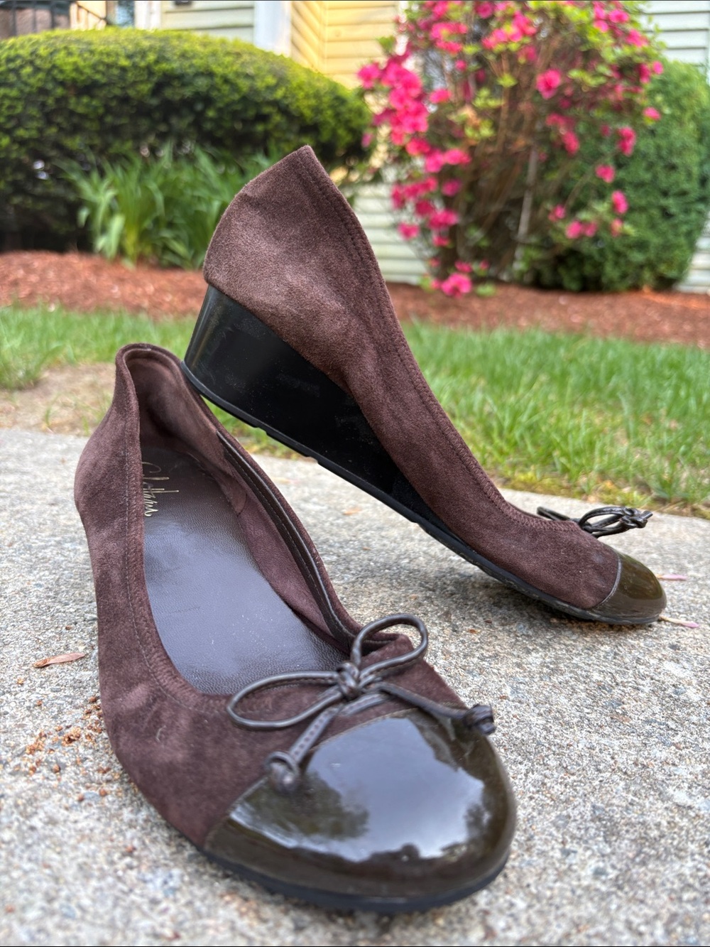 Cole Haan Brown Suede Wedge Ballet Flats with Patent Cap Toe